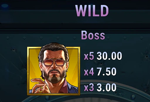 Pantalla de juego con el símbolo Wild del Boss en Viper City Heist slot